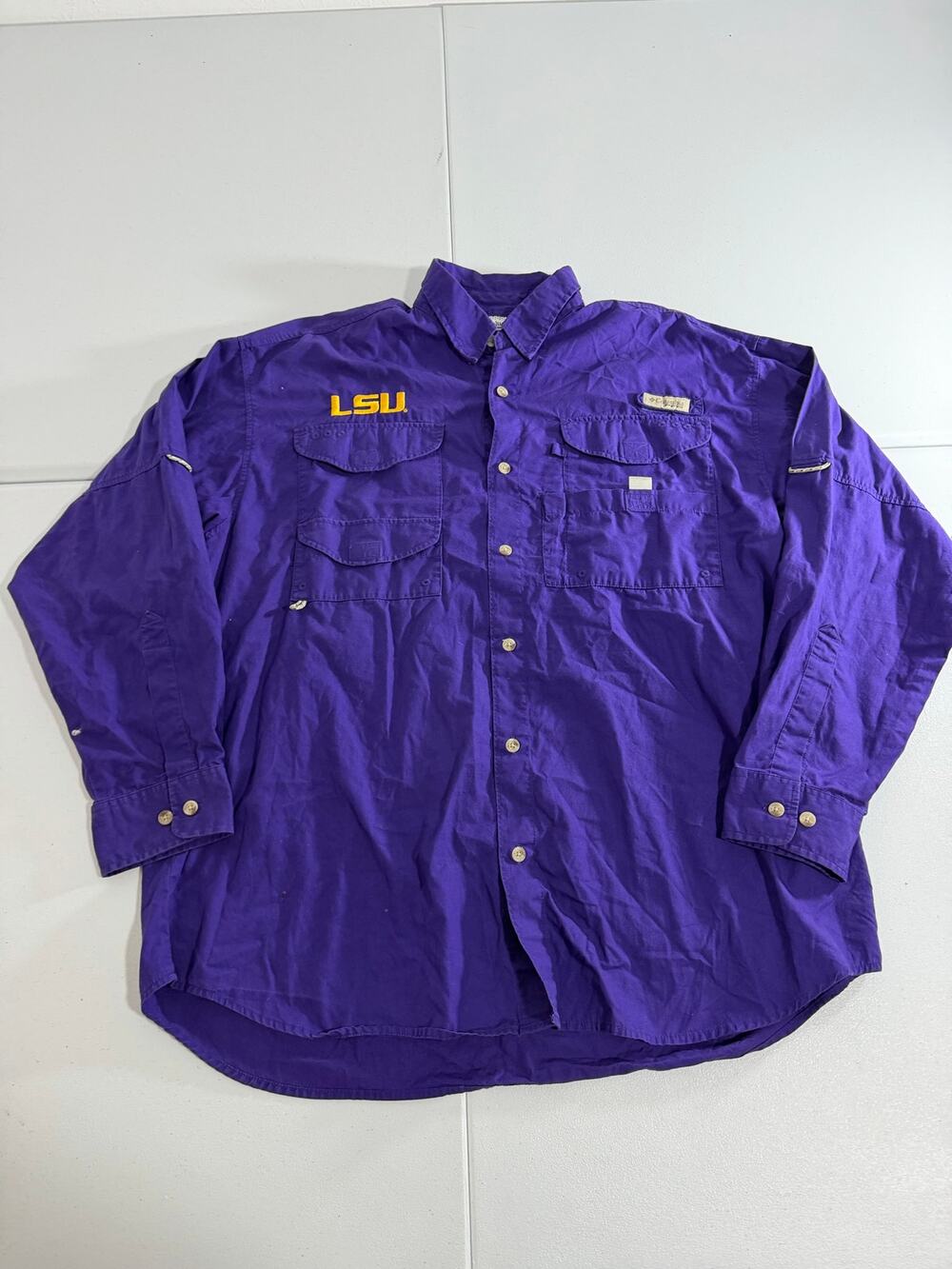 Columbia PFG LSU Tigers Fishing Shirt Mens L Purple Vented Vintage Vent Back